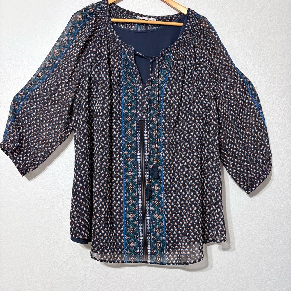 Daniel Rainn Elegant, Office Sheer Navy Patterned Blouse/Tunic with‎ Navy Tank.